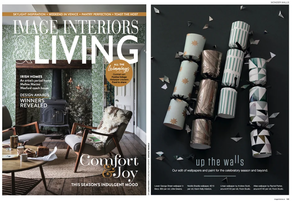 Image Interiors Living November 2017 Our new wallpaper designs - Atlas designed by Rachel Parker and Linear designed by Andrew Scott are featured as Christmas crackers in this lovely little page about wall decoration.