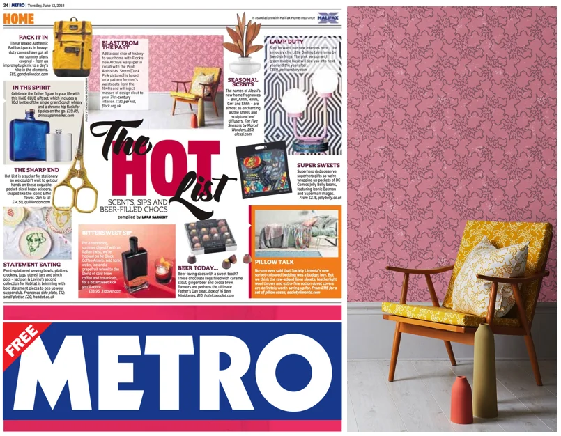 Metro June 12, 2018 Thank you to the Metro paper for featuring our Storm wallpaper in Dusk Pink from our new Archive collection in collaboration with The Print Archivists .