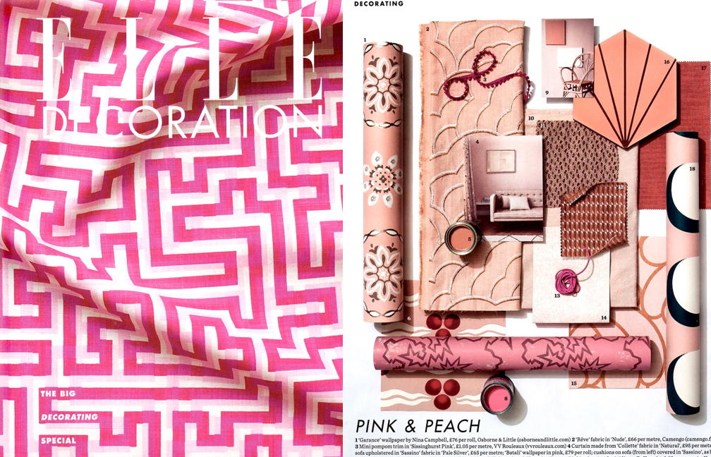 Elle Decoration, Oct 2018 Our beautiful new Storm wallpaper in Dusk Pink is sitting pretty in this lovely pink and peach moodboard all about decorating with colour!