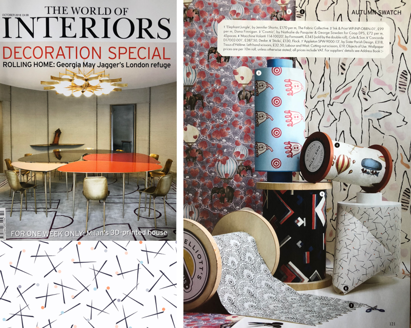 The World Of Interiors Oct 2018 We are thrilled to have our Sticks wallpaper from our latest collaboration with the Print Archivists in this beautiful and fun shoot from The World of Interiors! Perfect creative styling by Miranda Sinclair!