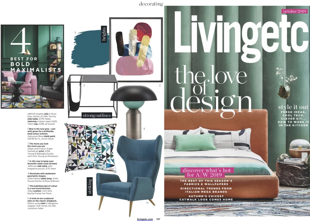 Living Etc, October 2019 The fantastic Atlas cushion designed by Rachel Parker is highlighted in this month’s Living Etc in a feature for decorating maximally.