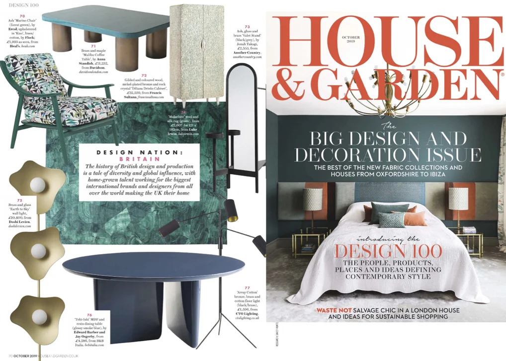 House & Garden, October 2019 Our fabulous collaboration with Ercol- the Marino chair featuring Atlas fabric designed by Rachel Parker is featured in this month’s article about British production and Britain as a design nation.