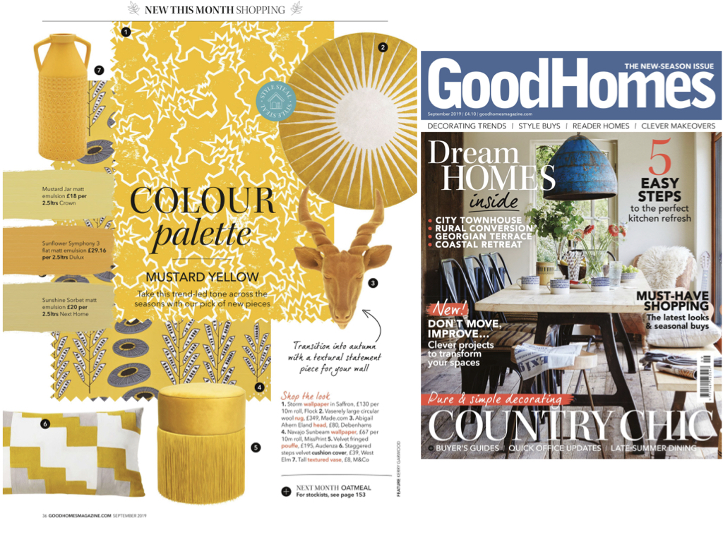 Good Homes, Sept 2019 Thank you to Good Homes magazine for highlighting our Storm, Saffron wallpaper in this feature for decorating with their colour palette of the month- mustard yellow.