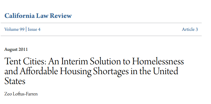 This is what a city can do to accommodate interim sleep and service hubs: Change local ordinances Grant temporary use permits Issue consent decrees Create new zoning land use categories Identify and lease public land for temporary use Loftus-Farren (2011) Tent Cities: An Interim Solution to Homelessness and Affordable Housing Shortages in the United States California Law Review