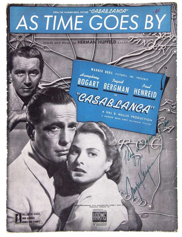 1943 sheet music signed by Ingrid Bergman, "Play it again, Sam," 1975.