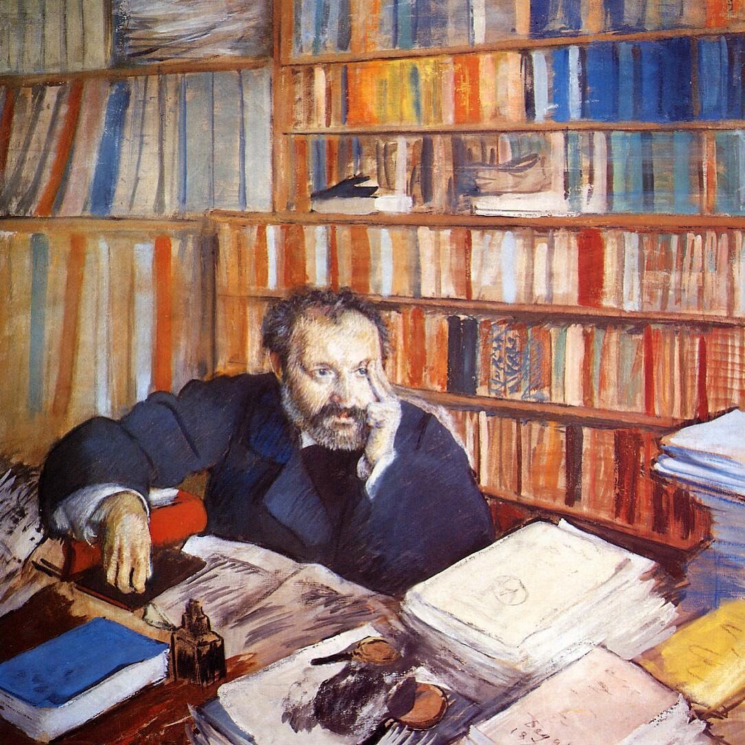 Monday Mood. 1879 portrait of French novelist and art critic Louis Edmond Duranty in his library, by &Eacute;douard Manet.  Years earlier (1870), the gentlemen had fought a duel (after one of Duranty's reviews came out). Zola was Manet's second and D