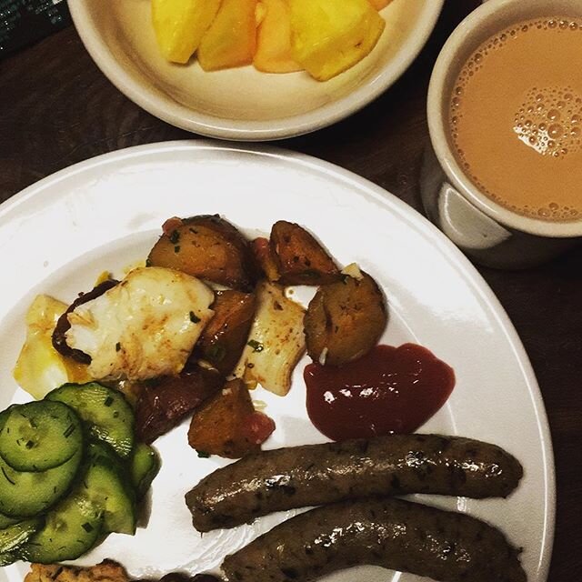 Roasted potatoes. Turkey and sage sausage. Poached eggs. Cucumber salad. Fruit. Coffee. 
This breakfast is 🥰
.
.
.

#coffee #eggs #sausage #huffpost #picoftheday #toast #cheese #dish #foodlover #food #foodie #delicious #yummy #goodmorning #morning #