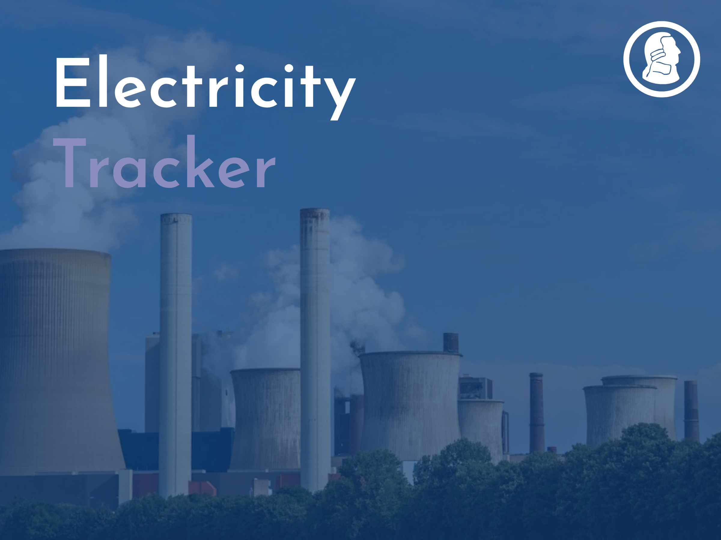 A series of electrical power transmission towers with multiple power lines against a pale green sky, overlaid with the words 'ELECTRICITY TRACKER' in large white text.