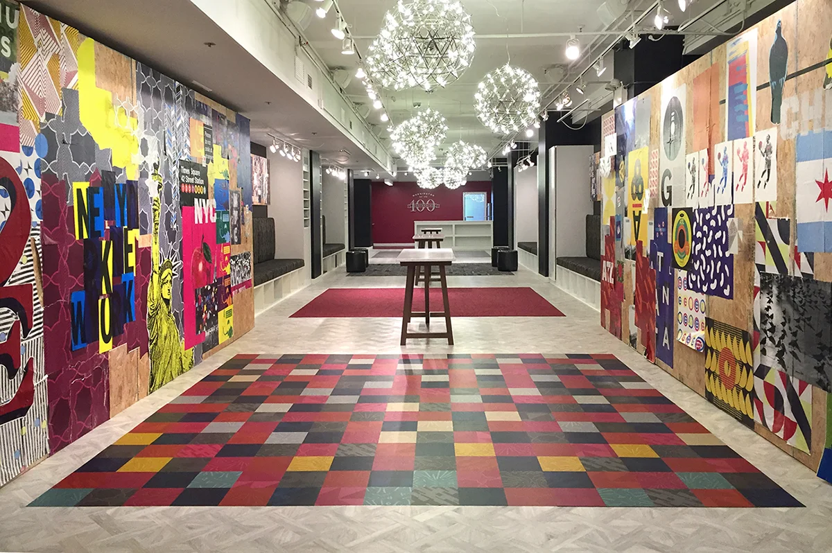 2016 - Day One - Wheat Pasted OSB Walls, Laser-cut Steel Stand Offs, White Oak and Stone Farm Tables, Vinyl Stools, Custom Upholstered Built-ins, Dimensional Letters