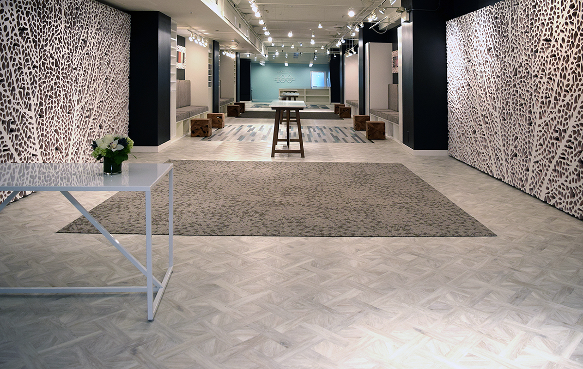 2016 - Day Two - CNC Cut HDU Panels, White Oak and Stone Farm Tables, Built-in Storage and Upholstered Banquettes, Wooden Slat Walls with Custom Hardware