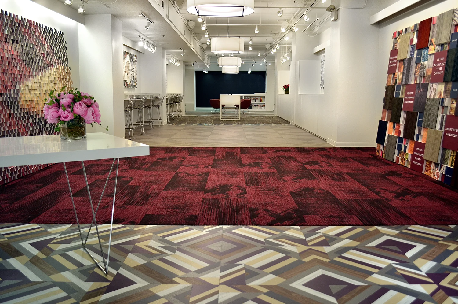 2012 - Gridded 3D Wall Panels with Applied Product and Digital Prints, Solid Surface Coffee Table Housing Interactive Digital Touch Screen