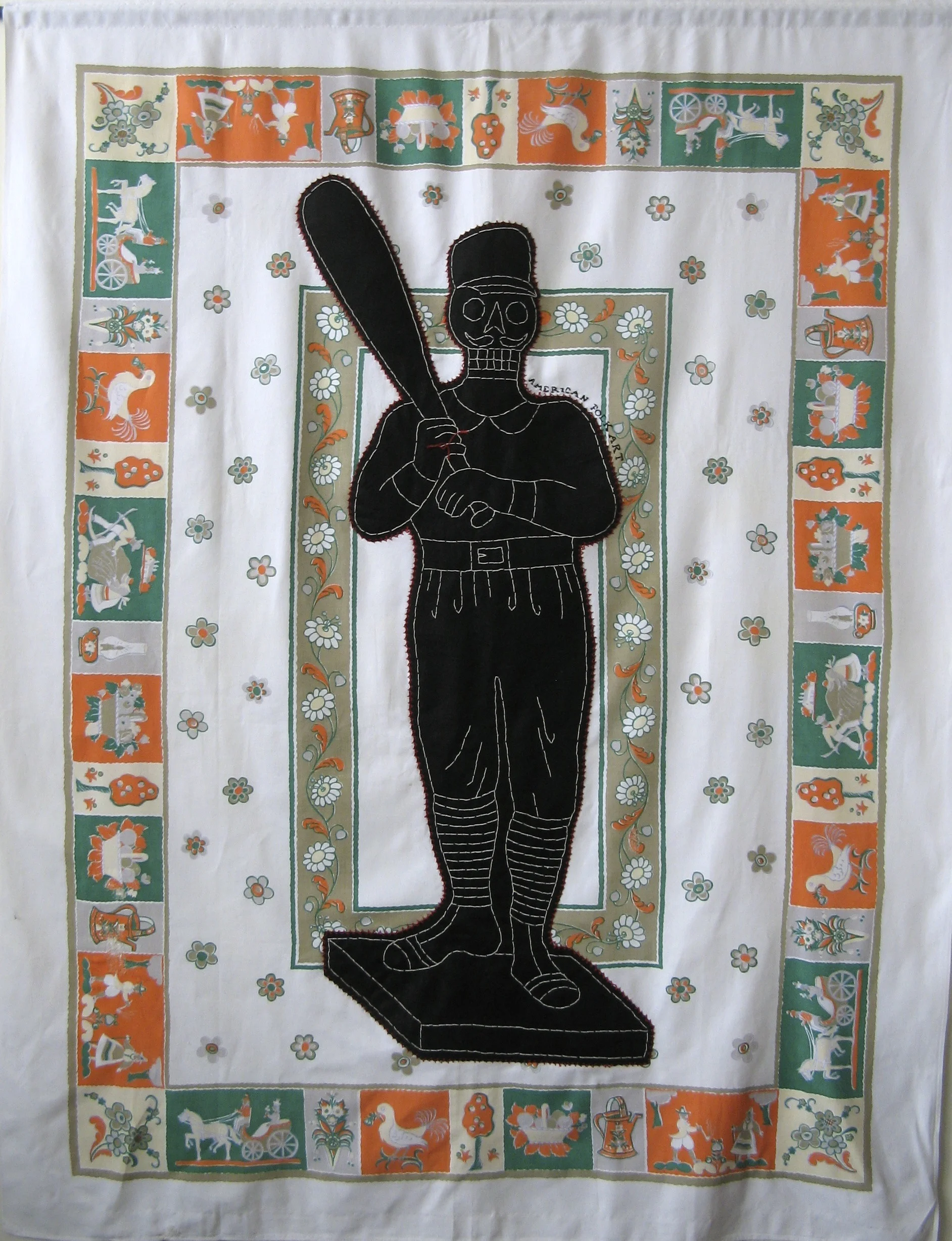 "Baseball" applique and embroidery on vintage textile 66″ x 55″