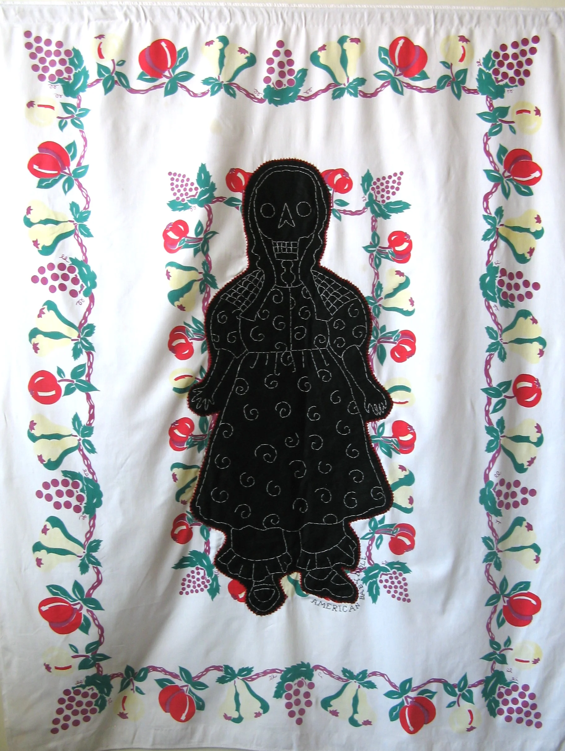 "Doll" applique and embroidery on vintage textile 50″ x 41″