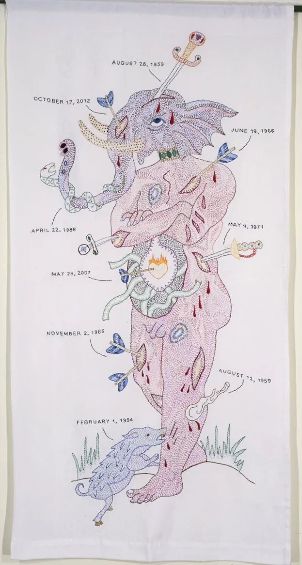  "From The Cradle To The Grave 1" hand embroidery on vintage textile 51″ x 26″