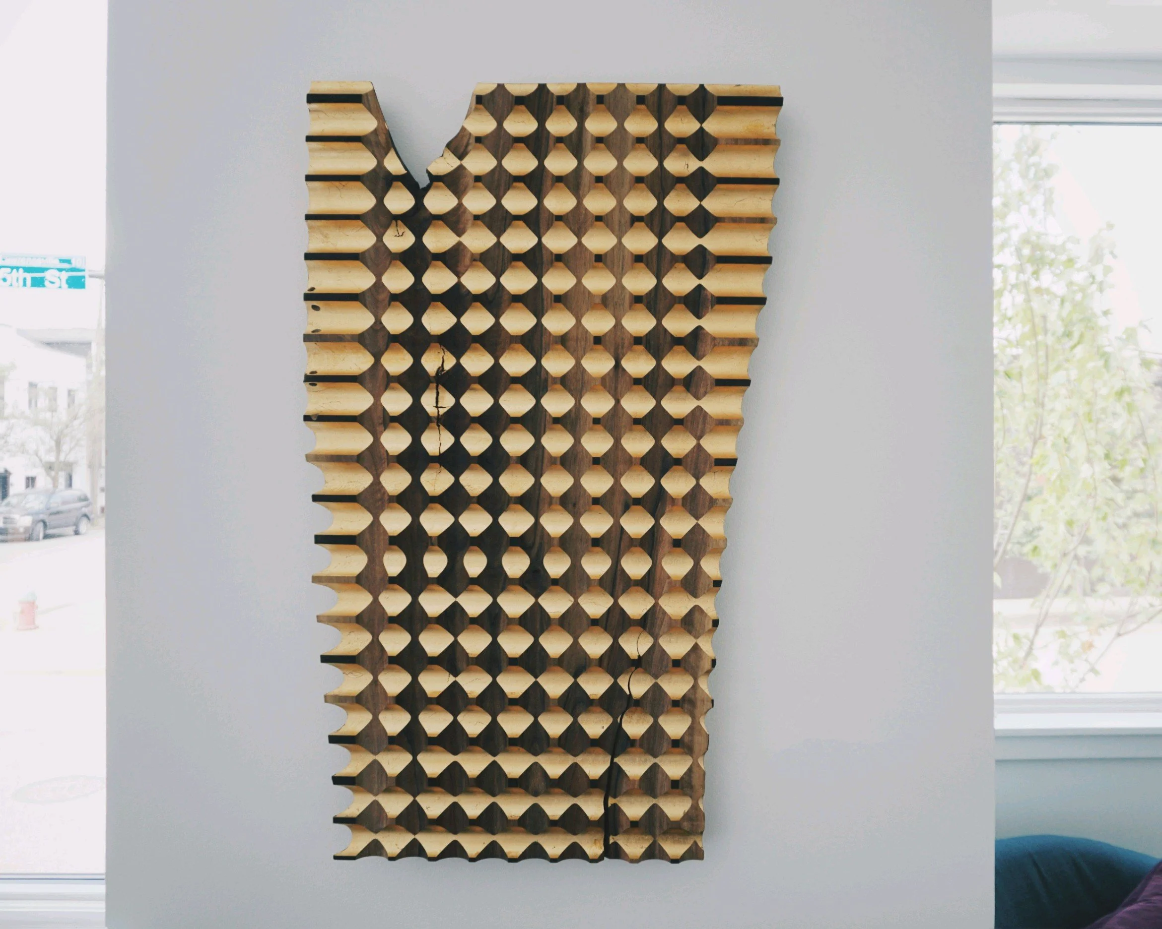    Leafed Pixels 1  , black walnut and brass leaf, 34 x 21 inches 