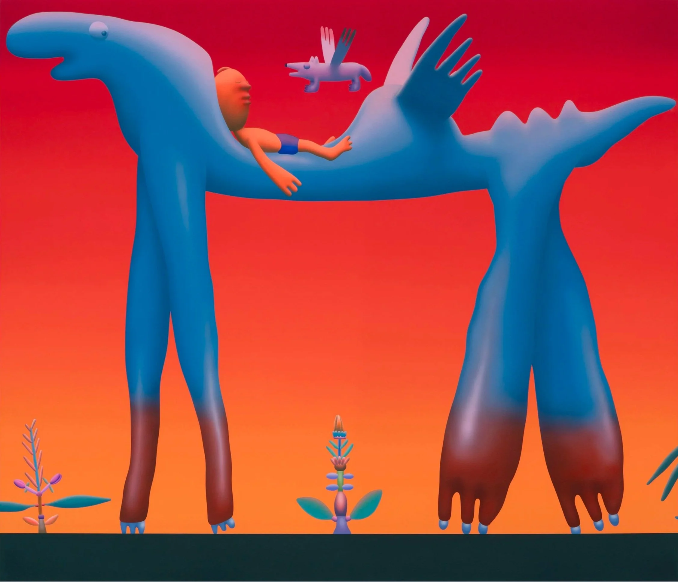    Piri the Dreamer and Flying Coyote in the Garden (in Good Company) #66  , flashe on canvas, 71 x 82 ¾ inches 
