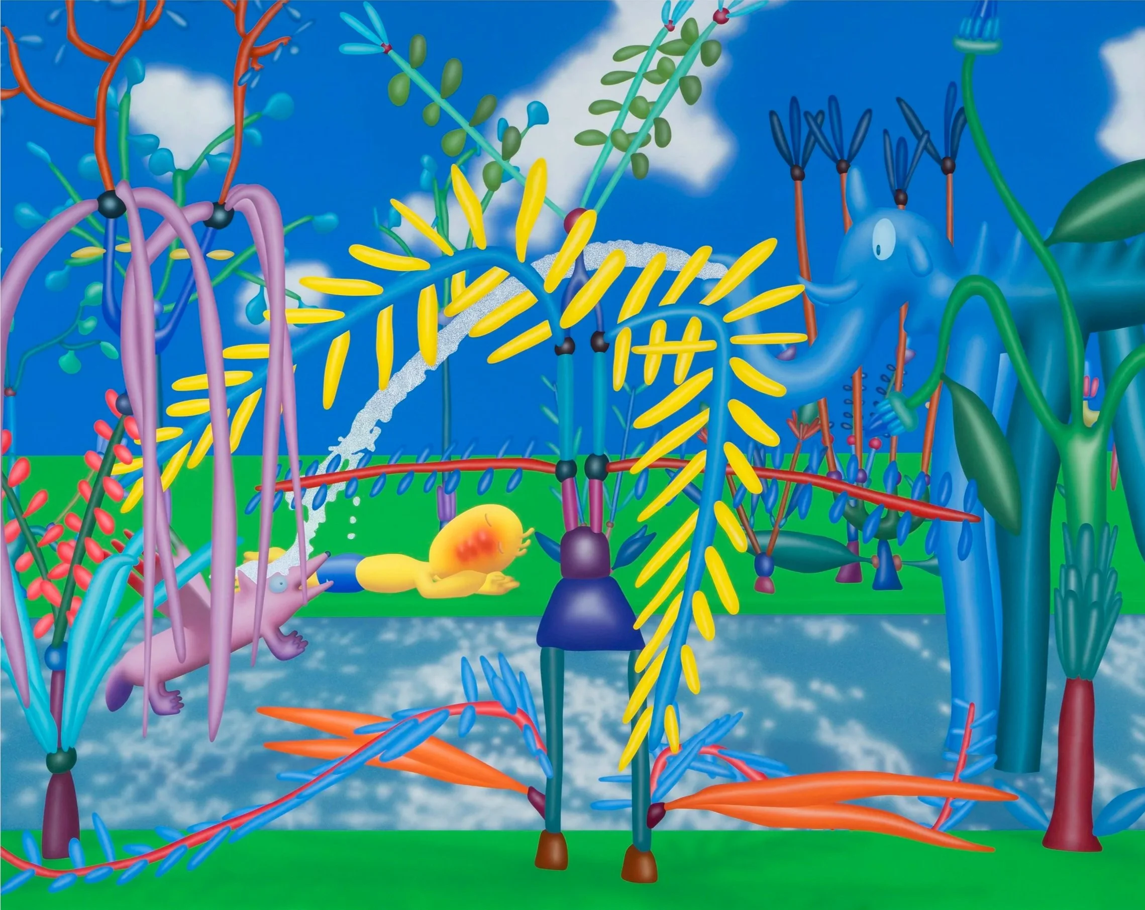Piri the Dreamer and Flying Coyote in the Garden (in Good Company) #69 , flashe on canvas, 82 ¾ x 102 ½ inches