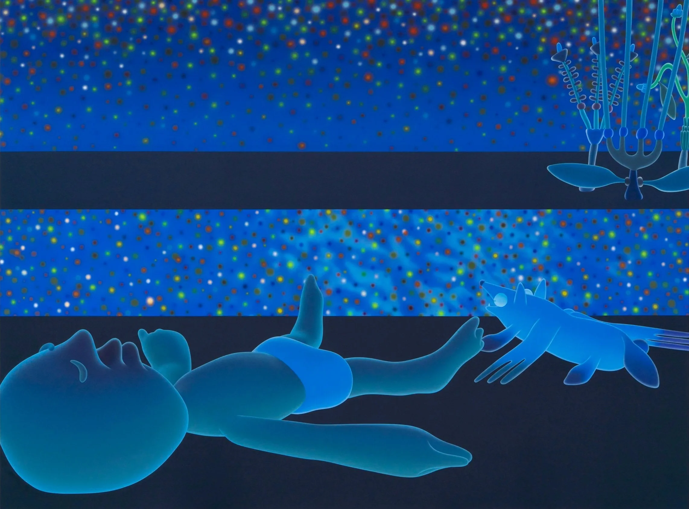    Piri the Dreamer and Flying Coyote in the Garden (at Night) #70  , flashe and acrylic on canvas, 86 ¾ x 118 ¼ inches 