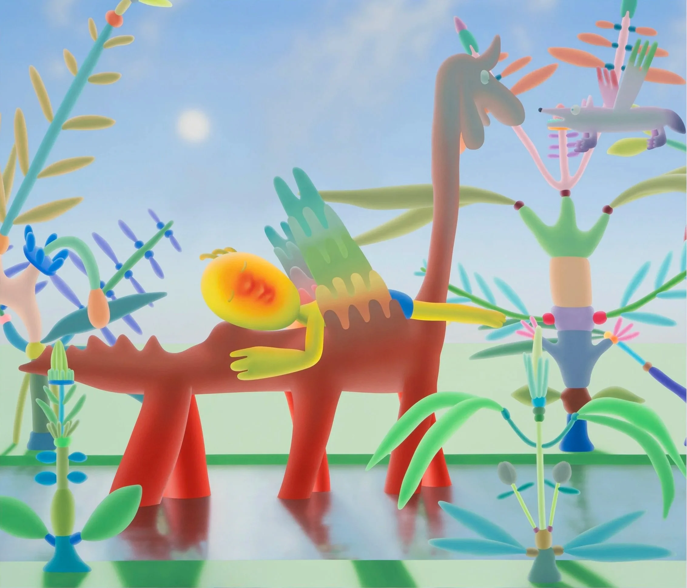    Piri the Dreamer and Flying Coyote in the Garden (in Good Company) #65  , flashe on canvas,  71 x 82 ¾&nbsp;inches 