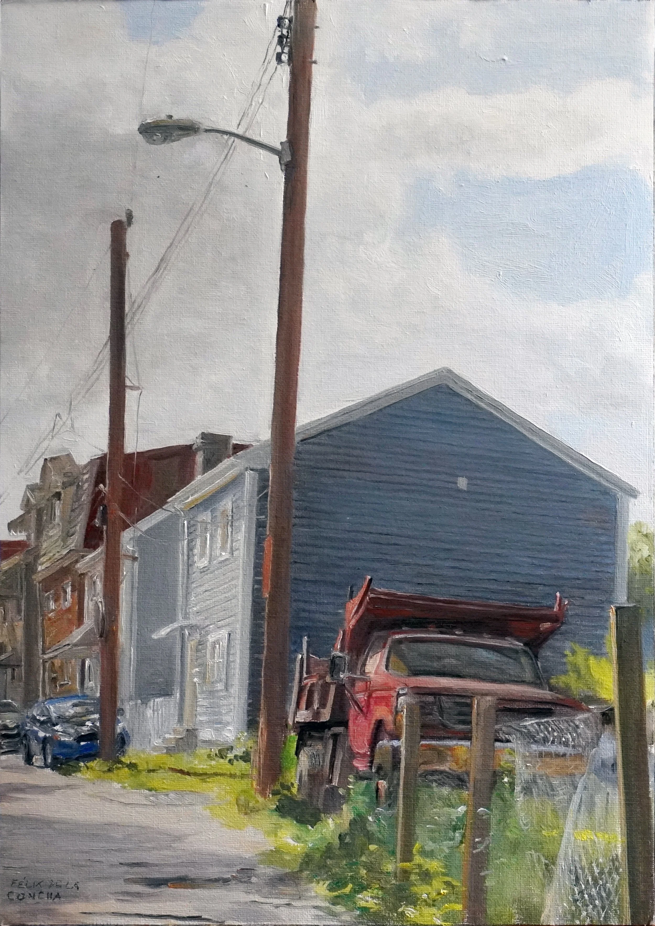    Red Truck at Juniper St.  , oil on board 16.5 x 11.75 inches 