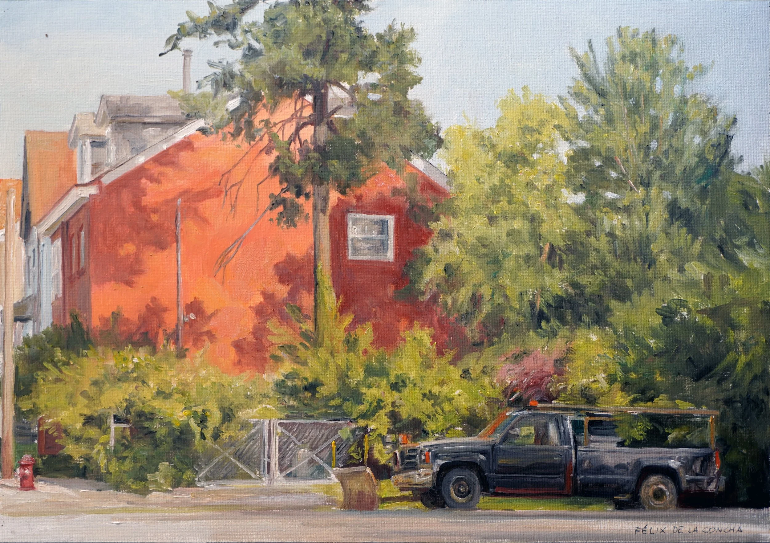    Black Truck at Minerva St.  , oil on board, 16.5x 11.75 inches 