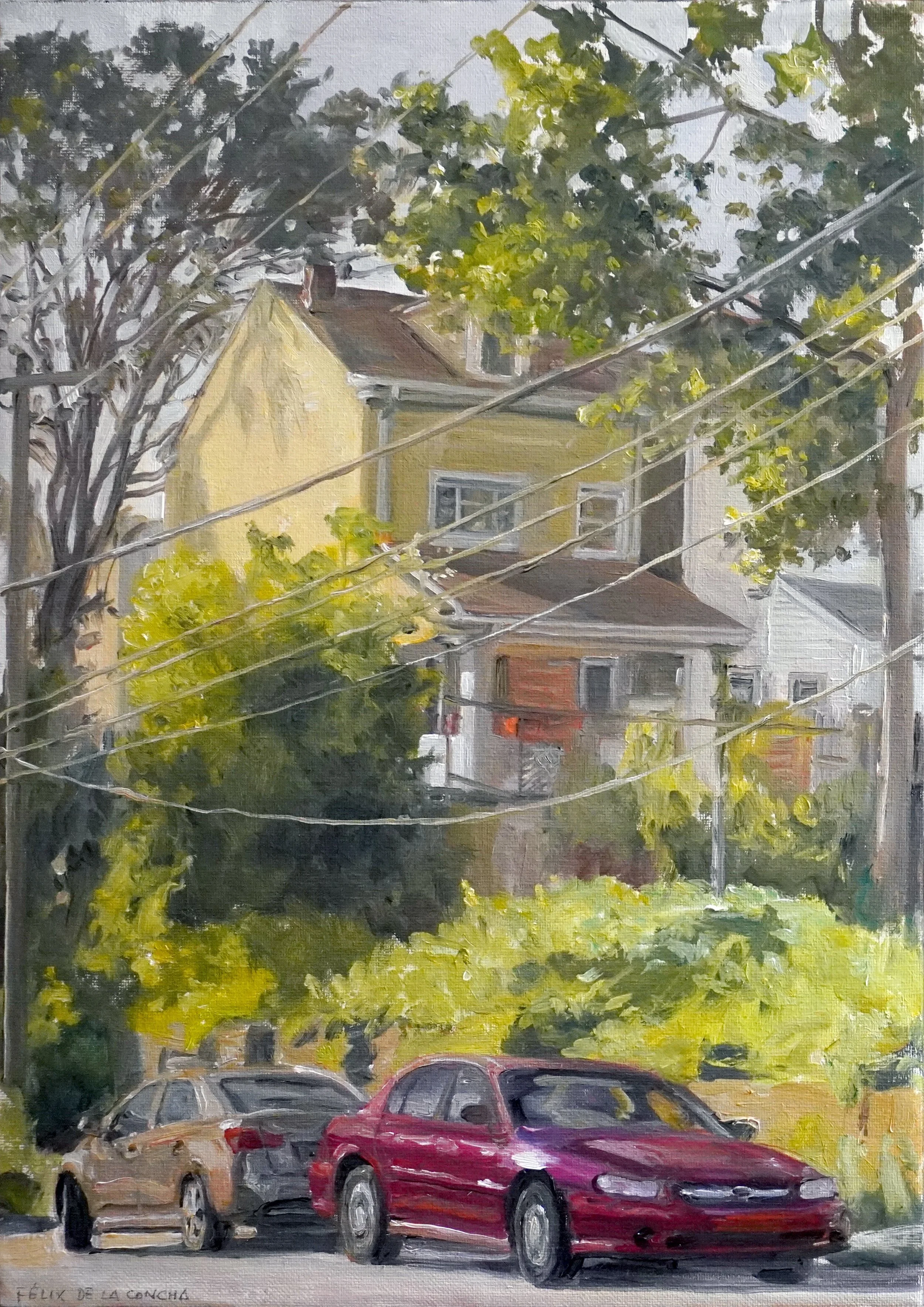    At Lorigan St with Sapphire Way  , oil on board, 16.5 x 11.75 inches 