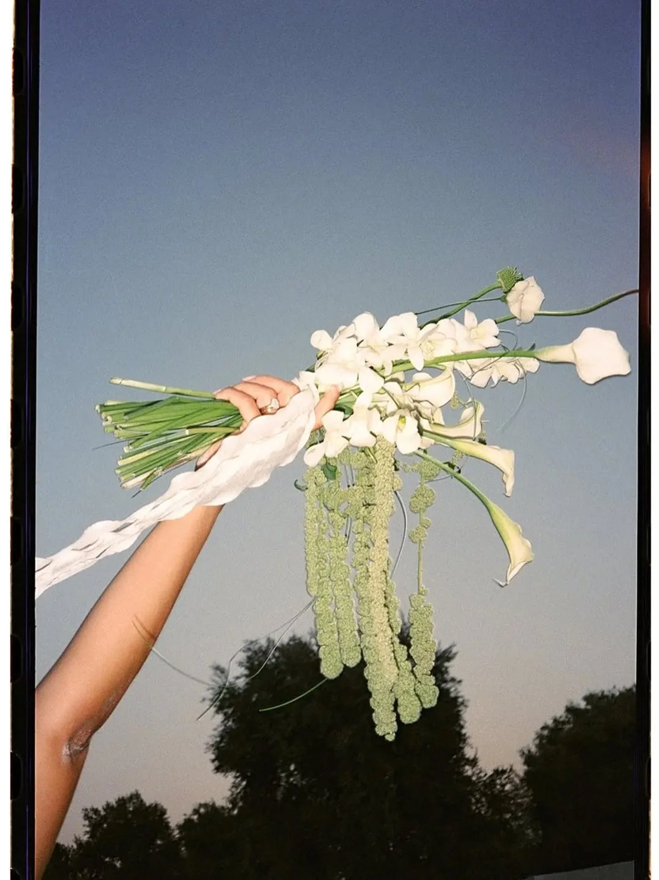 Wedding photo film scan bride arm holding green and white bouquet up into setting sky