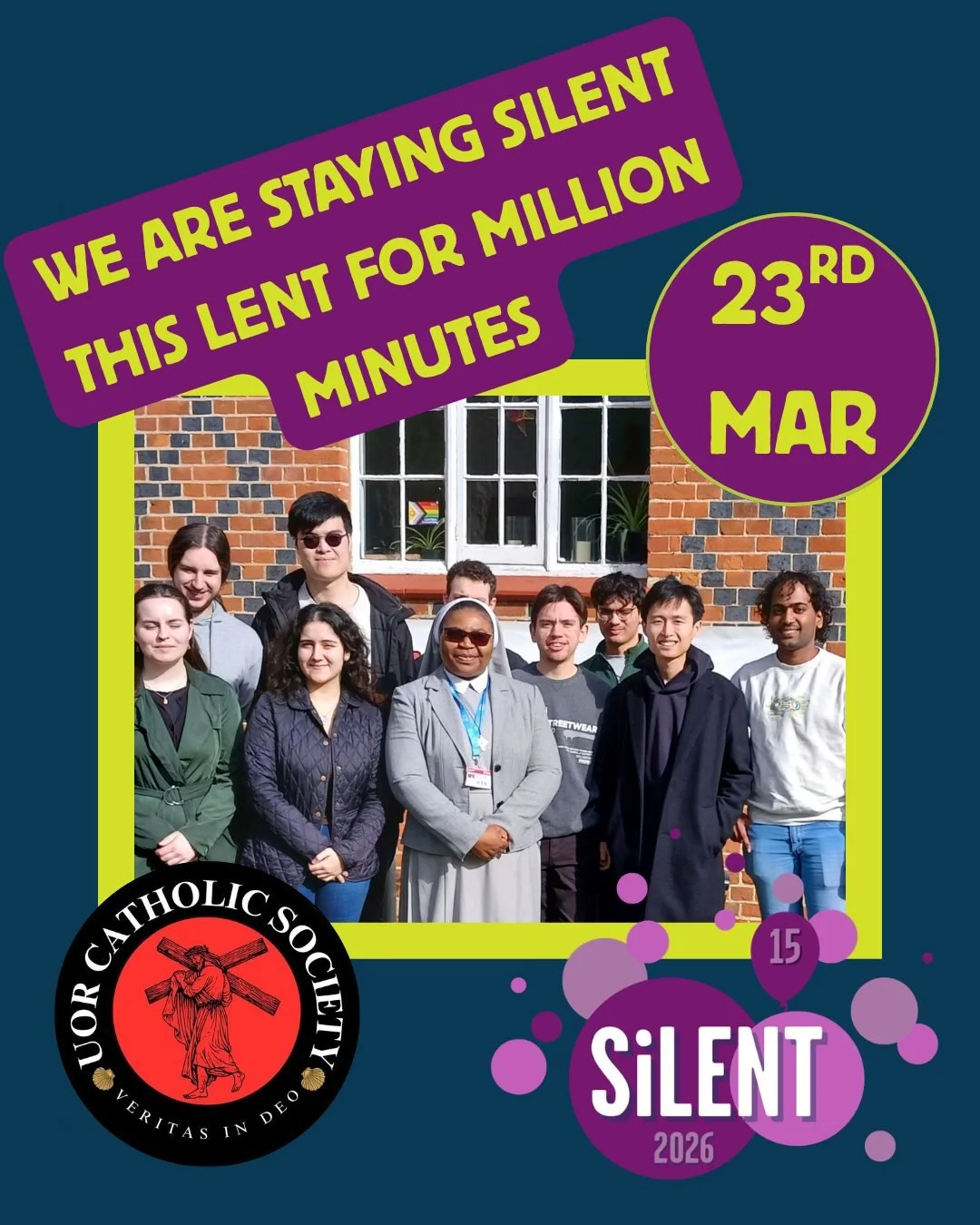We are starting this week off with hearing from todays SiLENT Champions University of Reading Catholic Society. 

"Through the SiLENT Challenge, we pledge 14,440 minutes of silence, abstaining overlooked and unheard. from phones, tablets, comput