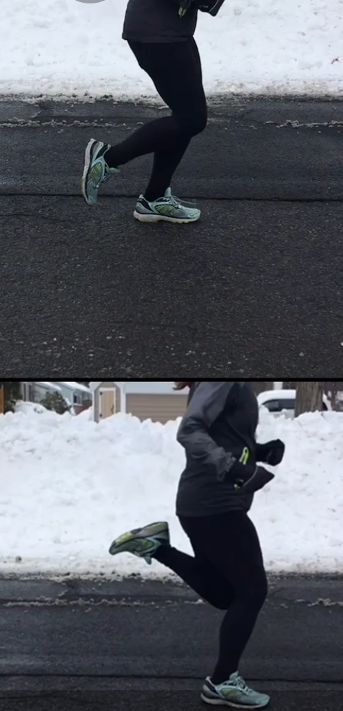 Top picture- Heel is too low, causing extra work while moving the leg forward. Bottom picture - Heel is tucked near the glutes, causing less work each stride.