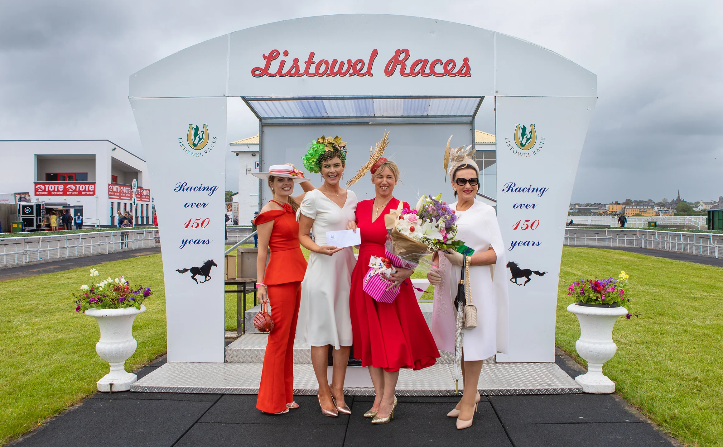 Ann-Marie Corbett, Helen Quealy Murphy, Aine Wall (overall winner) and Faith Amond at Listowel Races Ladies Day. Photo Credit: JK Photography
