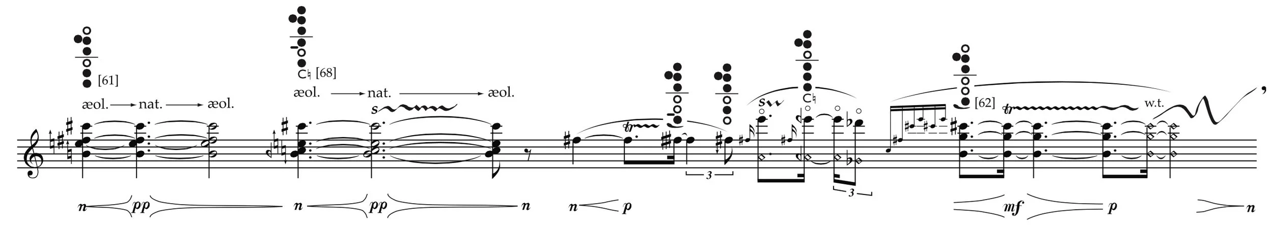 John Croft, …ne l'aura che trema (2009-10), for alto flute and live electronics, excerpt (page 2).