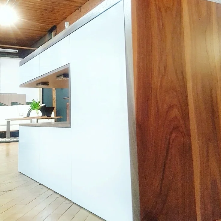 Modern Cabinetry & Island, Rehau Fenix Matte Surface, Rehau Radiant High Gloss Surface, Walnut & White Marble