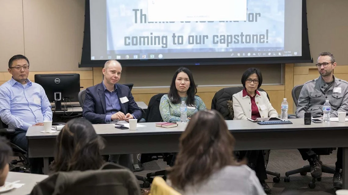 The faculty fellows of the China’s Cities collaborative project answer a question from the audience at their capstone lecture March 22 at the ILR Conference Center. From left, Shanjun Li, associate professor of applied economics and management; project leader Jeremy Wallace, associate professor of government; Jessica Chen Weiss, associate professor of government; Panle Barwick, associate professor of industrial organization, applied econometrics and applied microeconomics; and Eli Friedman, associate professor of international and comparative labor.