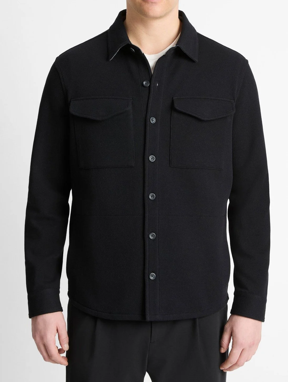 Double-Knit Shirt Jacket in Black/Med. Heather Grey $348