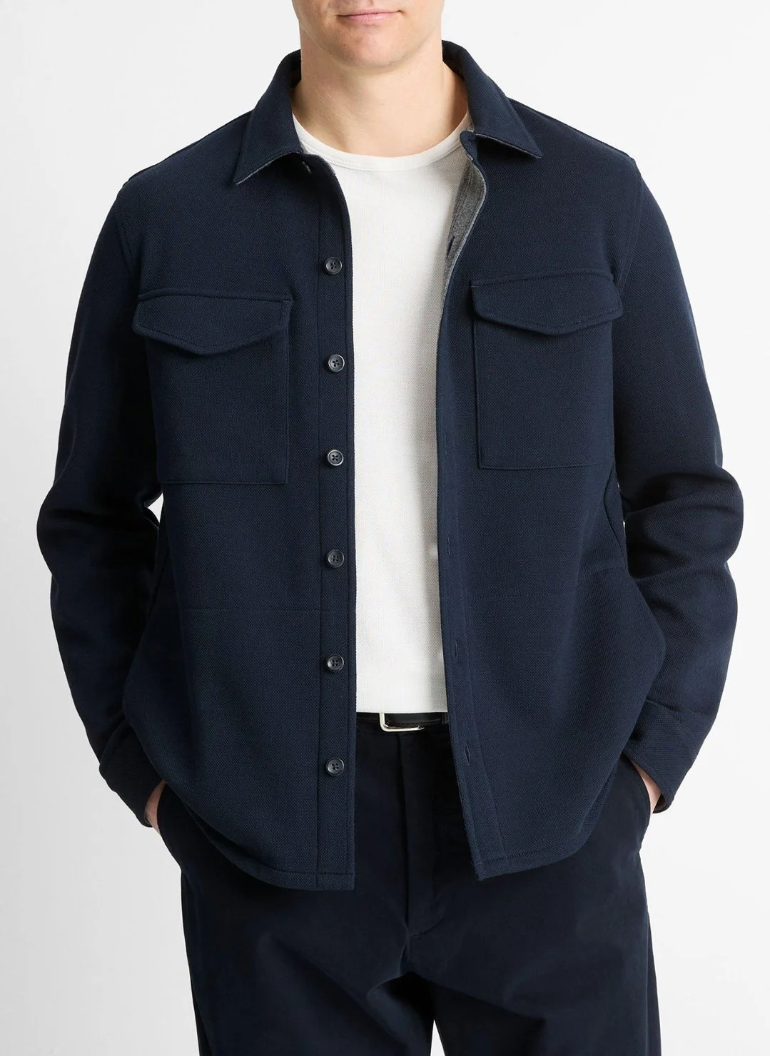 Double-Knit Shirt Jacket in Coastal Blue/Med. Heather Grey $348