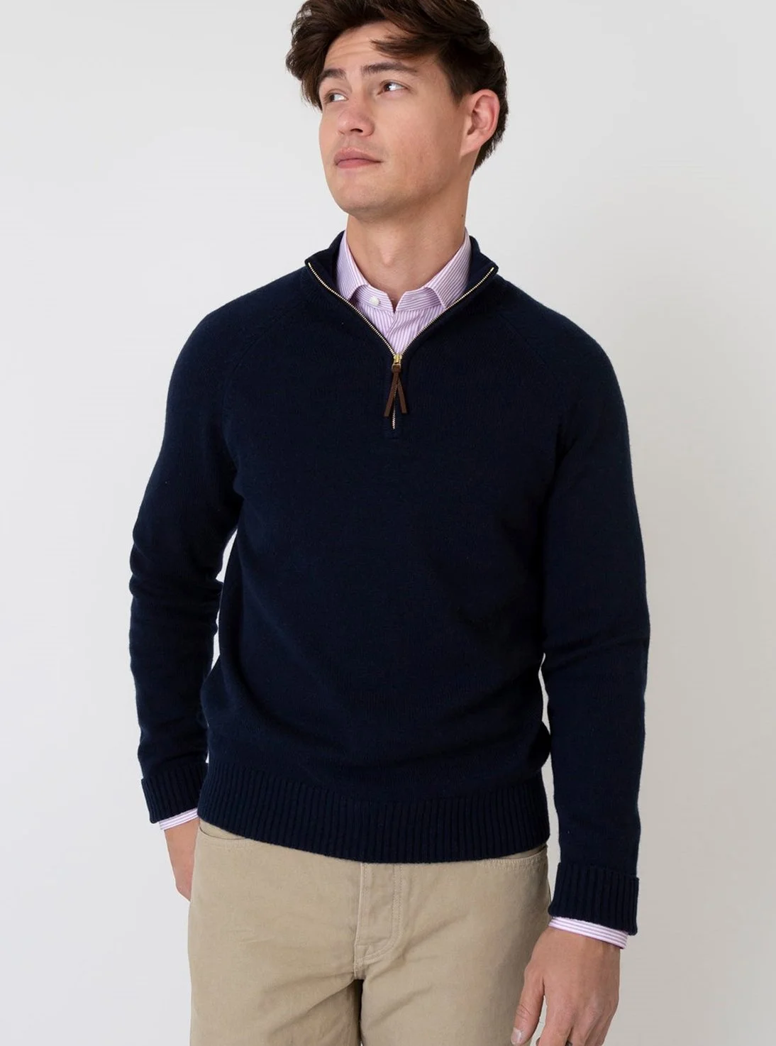 Half Zip Sweater in Navy Cashmere $450 (also available in Grey)