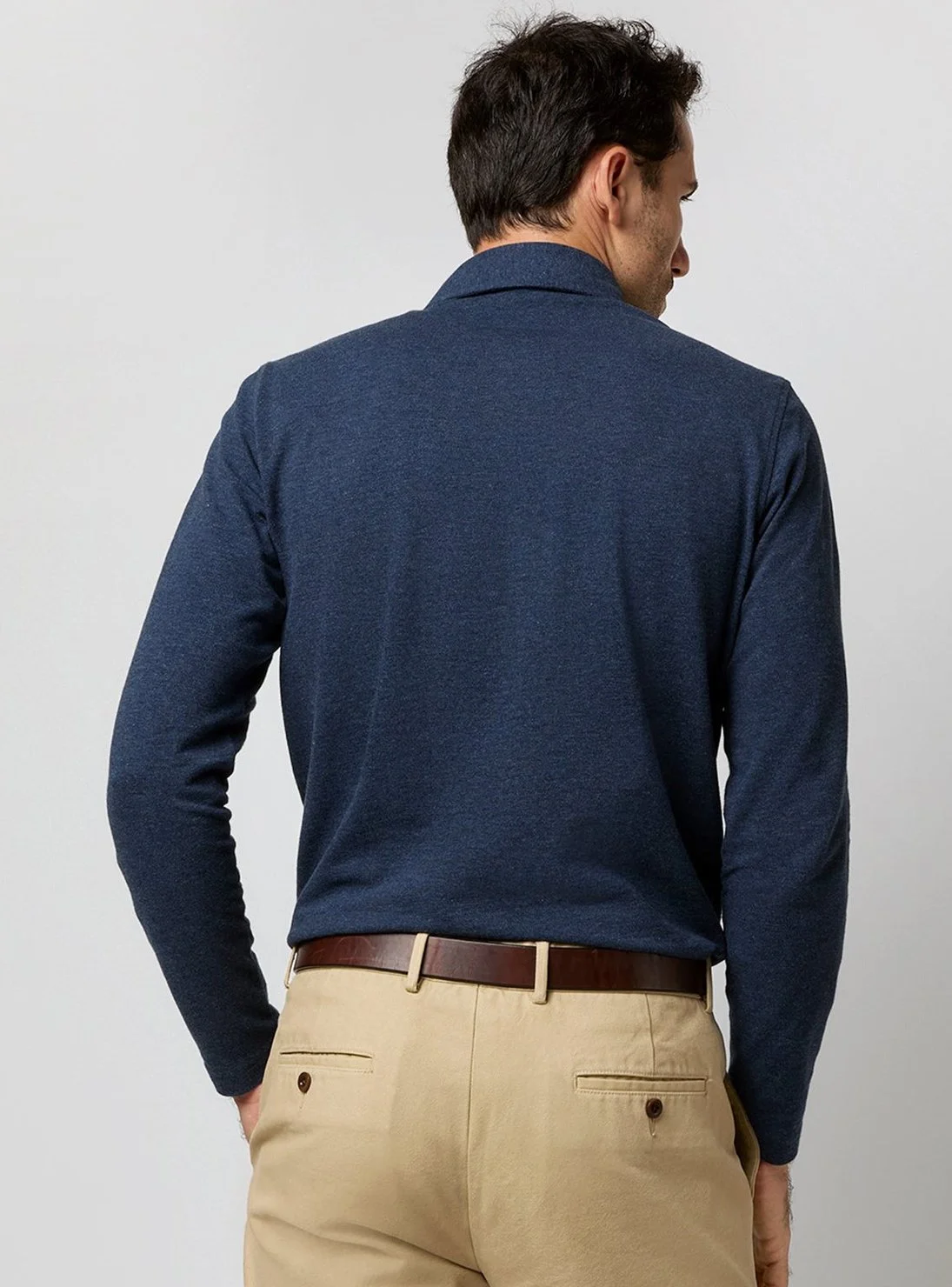 Long Sleeved Polo in Heather Denim Pima Pique $150