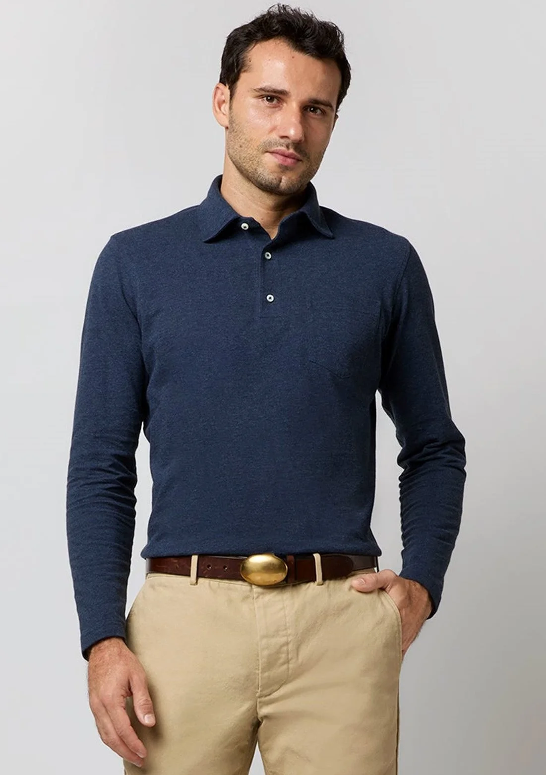 Long Sleeved Polo in Heather Denim Pima Pique $150