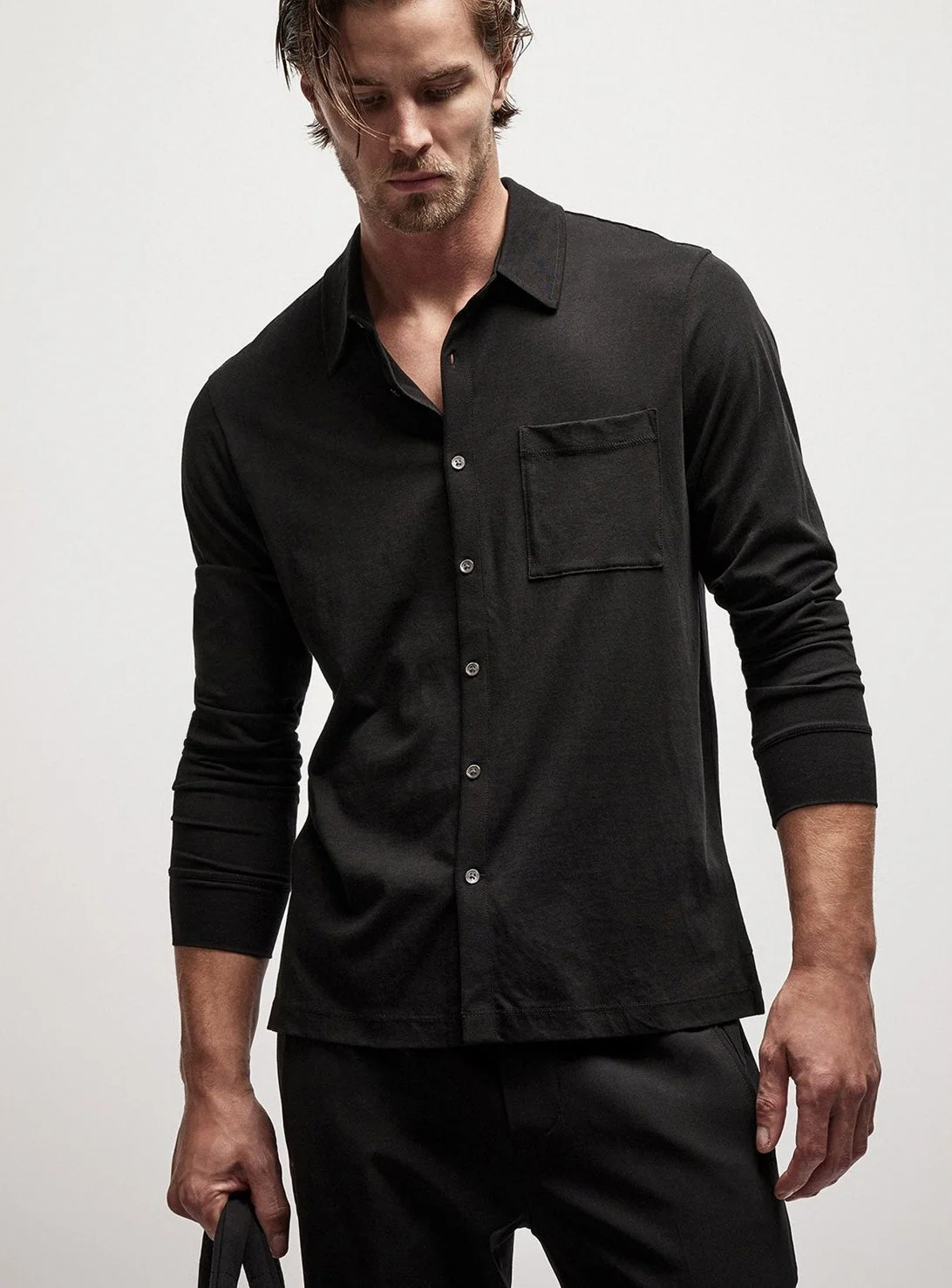 Luxe Clean Finish Jersey Shirt in Black $295