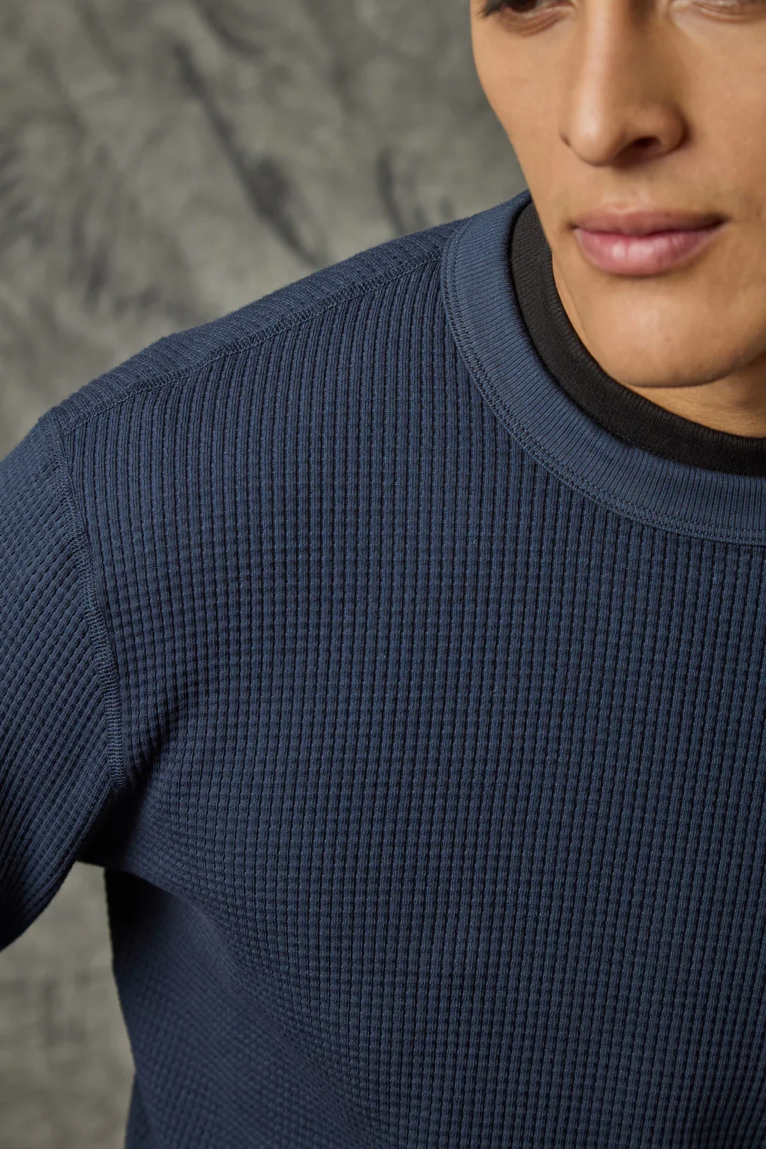 LS Crew Waffle Tee in Navy $120