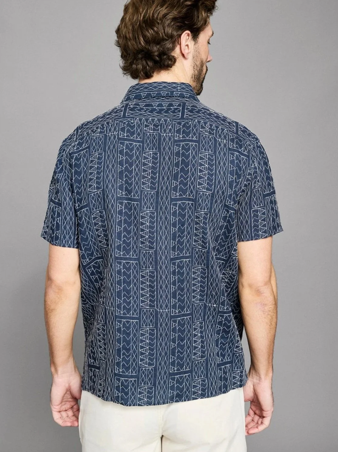 Geo Stitch Embroidered Treme Shirt in Carbon Blue $278
