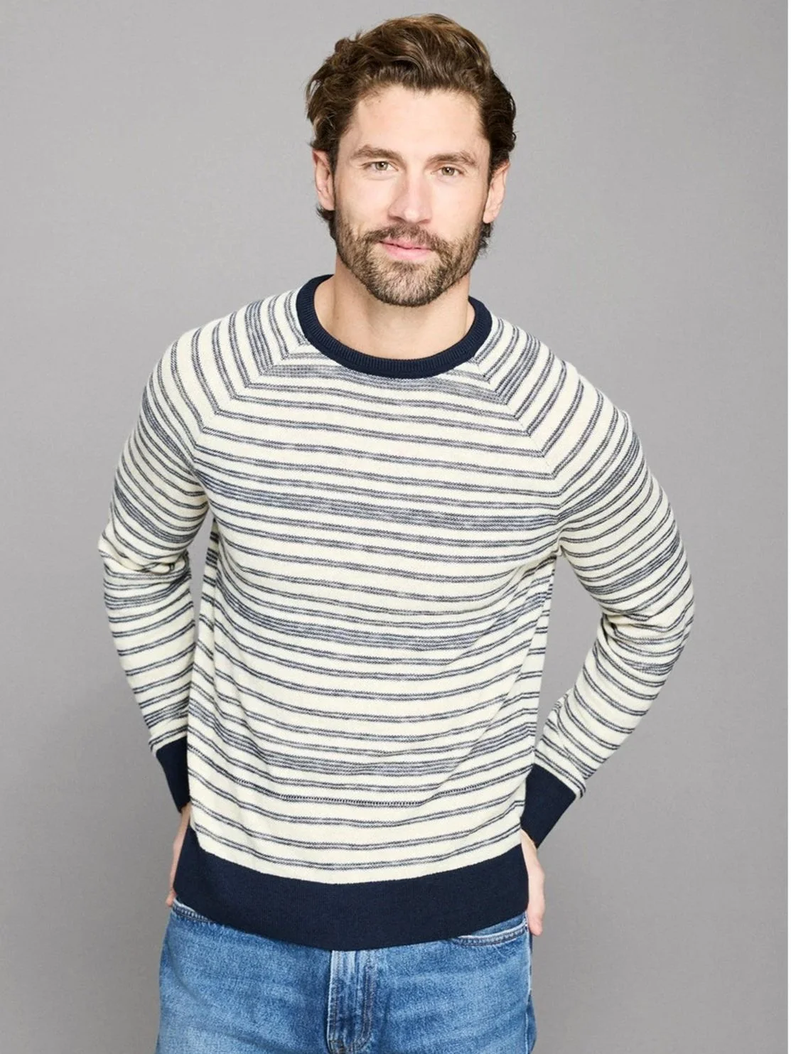 Raglan Stripe Cotton Crew in Tinted White/Carbon Blue $228