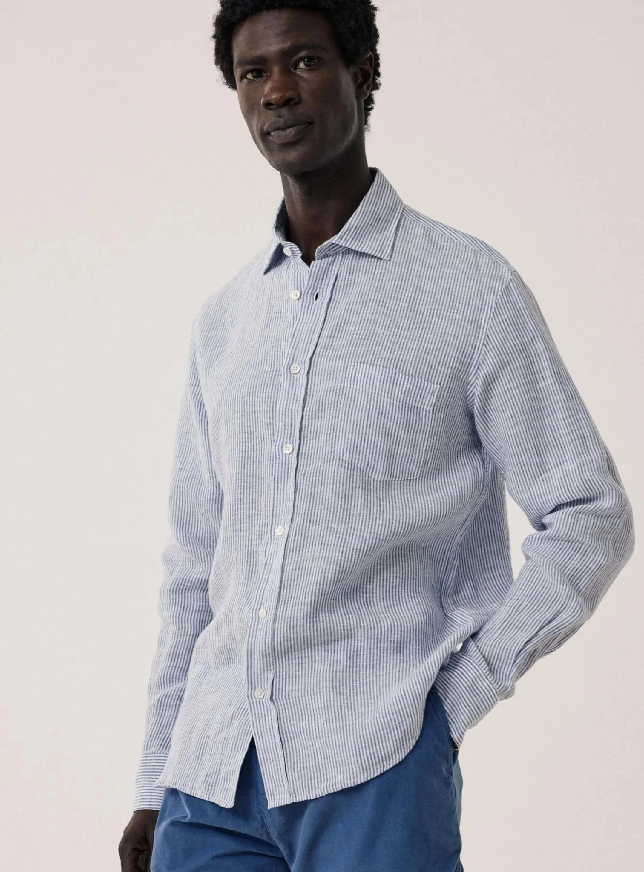 Paul Linen Shirt in Blue & White Stripe $250