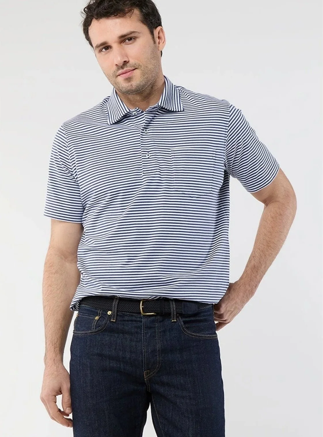 Short-Sleeved Stripe Jersey Polo in Ink/White  $115