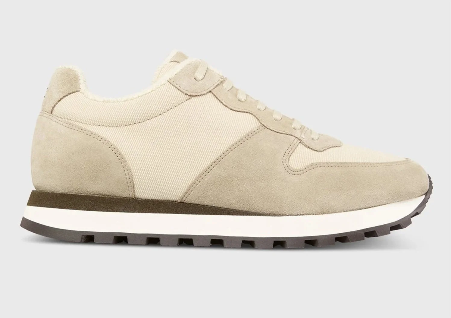 Suede/Canvas Trainer in Stone/Natural $250
