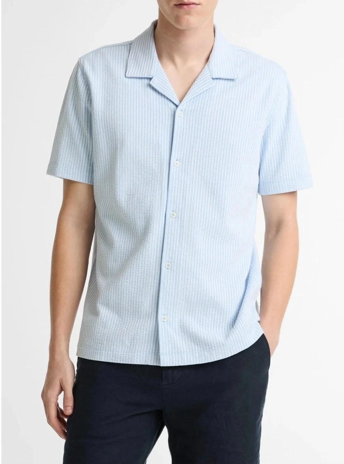Seersucker Stripe Stretch-Cotton Cabana Shirt in Rainwater $228
