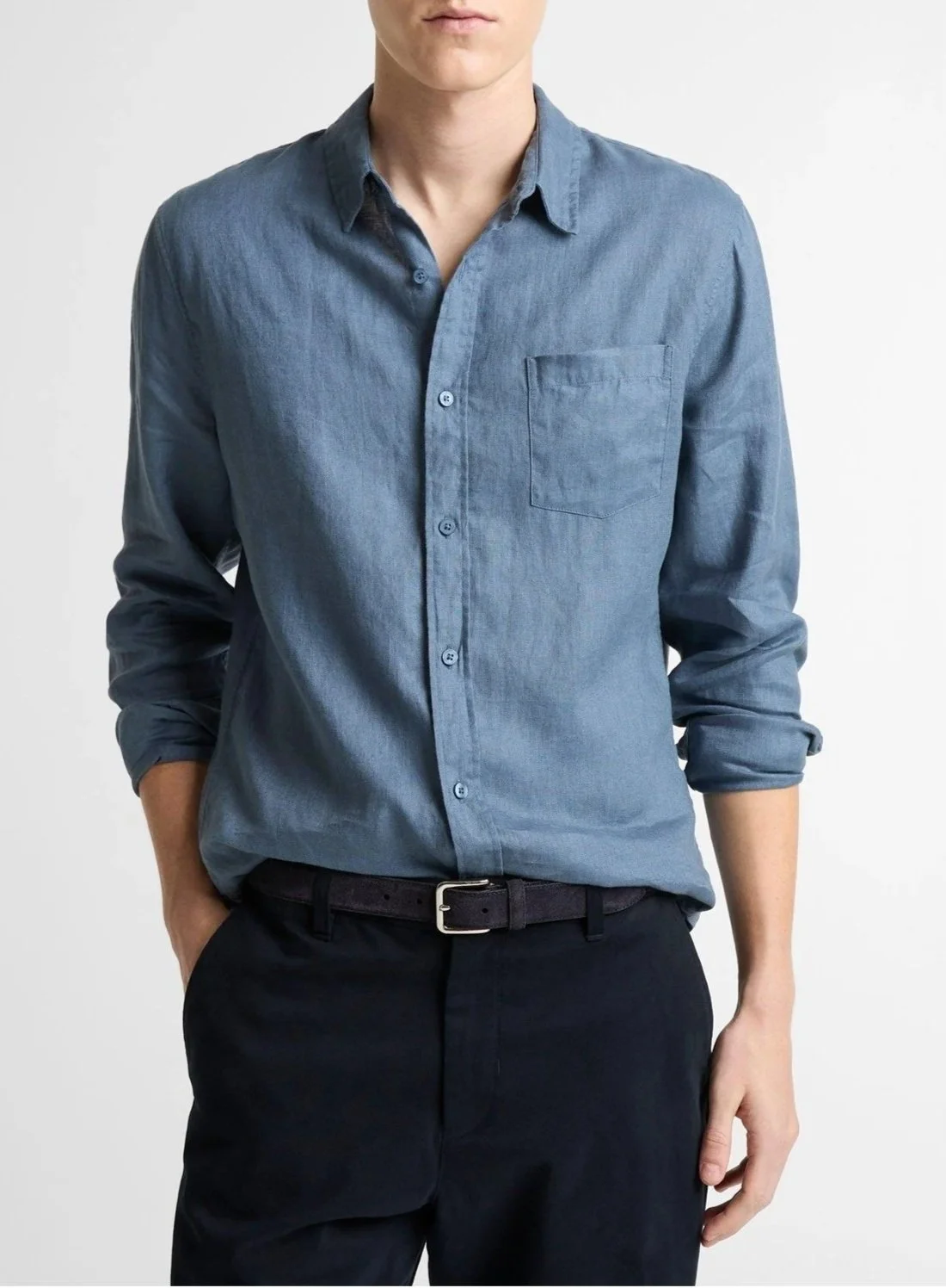 Linen Long-Sleeve Shirt in Uniform Blue $228