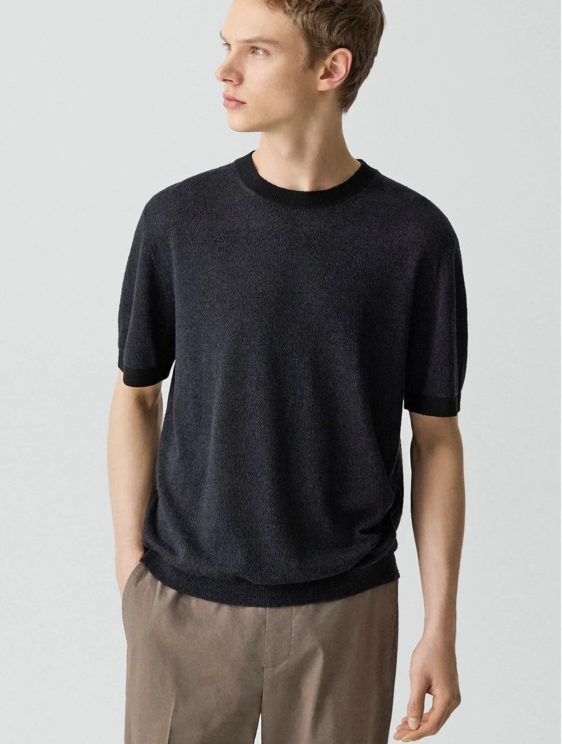 Silk  Linen Crew Tee in Black $165