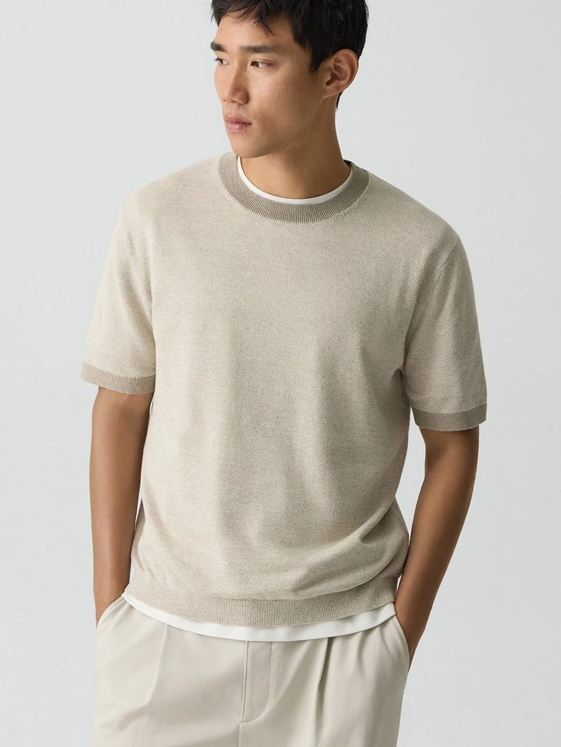 Silk  Linen Crew Tee in Silver Cloud $165