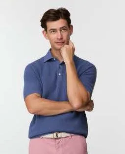 Cotton/Linen Hyannis Polo Sweater in Worn Denim $325